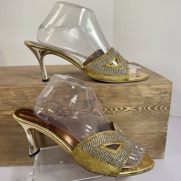 VTG Rhinestone Gold Stiletto Mule Heels Womens 12 Glam Pageant Prom Evening Gala - Picture 2 of 11